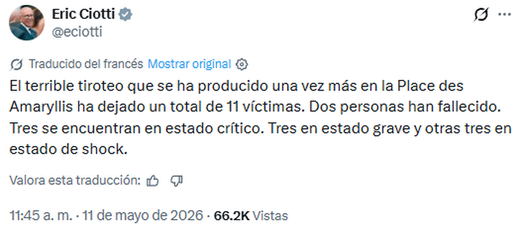 El tweet del alcalde de Niza sobre el fatal tiroteo en la Plaza Amaryllis. El tweet del alcalde de Niza sobre el fatal tiroteo en la Plaza Amaryllis.
