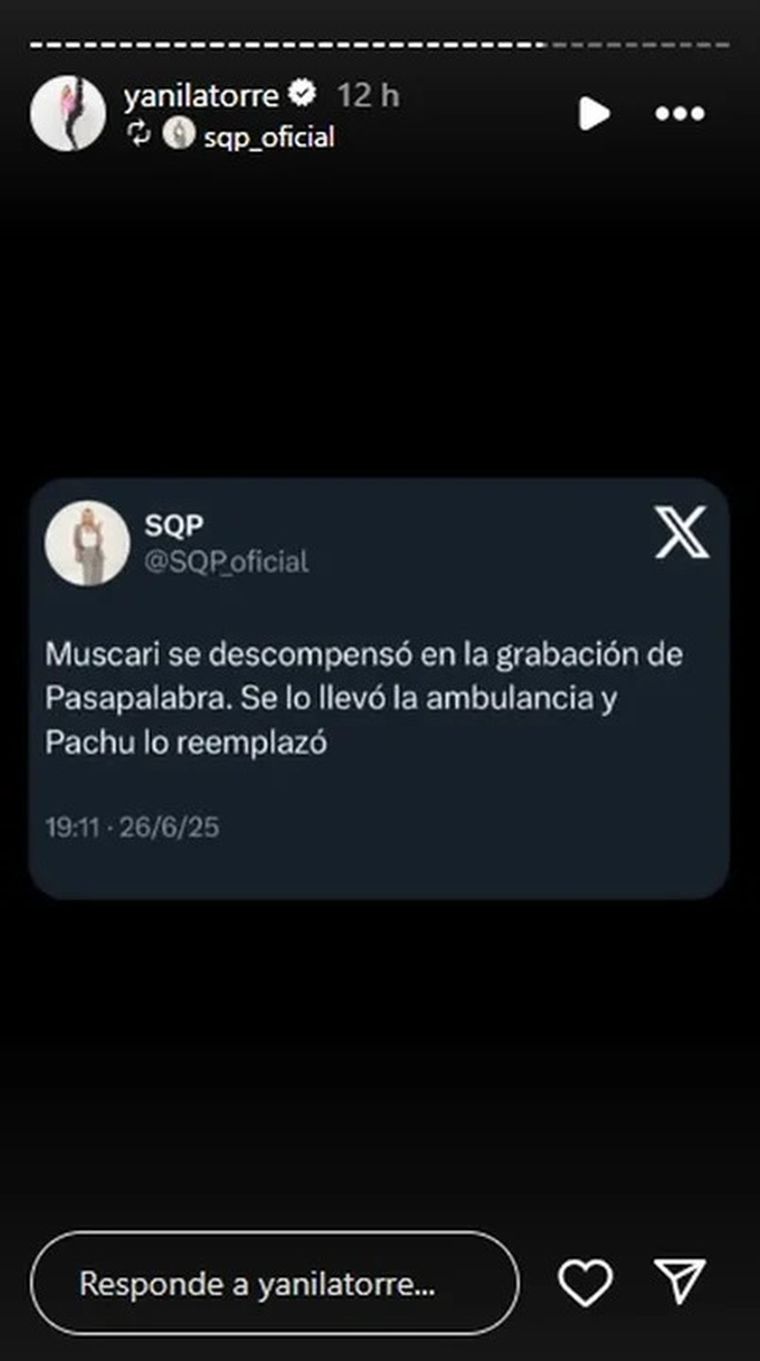 Yanina Latorre informó en su cuenta de Instagram sobre la repentina descompensación de José María Muscari. Yanina Latorre informó en su cuenta de Instagram sobre la repentina descompensación de José María Muscari.