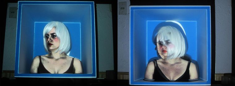 Experimentación con video mapping 3D integrando figura humana, año 2013. Experimentación con video mapping 3D integrando figura humana, año 2013.