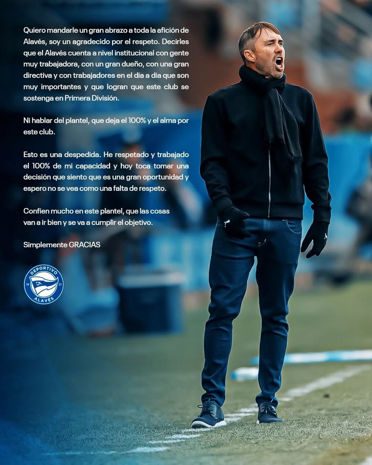 La carta de despedida de Eduardo Coudet que publicó el Deportivo Alavés. La carta de despedida de Eduardo Coudet que publicó el Deportivo Alavés.