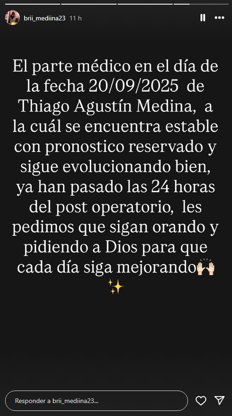 Thiago evoluciona favorablemente. Foto: captura de pantalla Instagram/ @brii_mediina23. Thiago evoluciona favorablemente. Foto: captura de pantalla Instagram/ @brii_mediina23.
