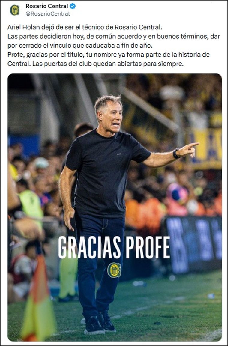 El sorpresivo adiós de Ariel Holan en Rosario Central. El sorpresivo adiós de Ariel Holan en Rosario Central.