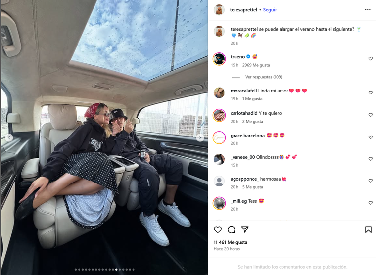 El posteo de Teresa y el comentario de Trueno en Instagram. Foto: captura de pantalla Instagram/ @teresaprettel. El posteo de Teresa y el comentario de Trueno en Instagram. Foto: captura de pantalla Instagram/ @teresaprettel. 