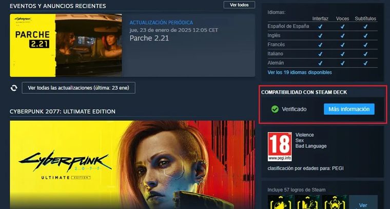 Ficha del juego en Steam: en la sección Compatibilidad con Steam Deck aparece si está Verificado o Jugable. Ficha del juego en Steam: en la sección Compatibilidad con Steam Deck aparece si está Verificado o Jugable.