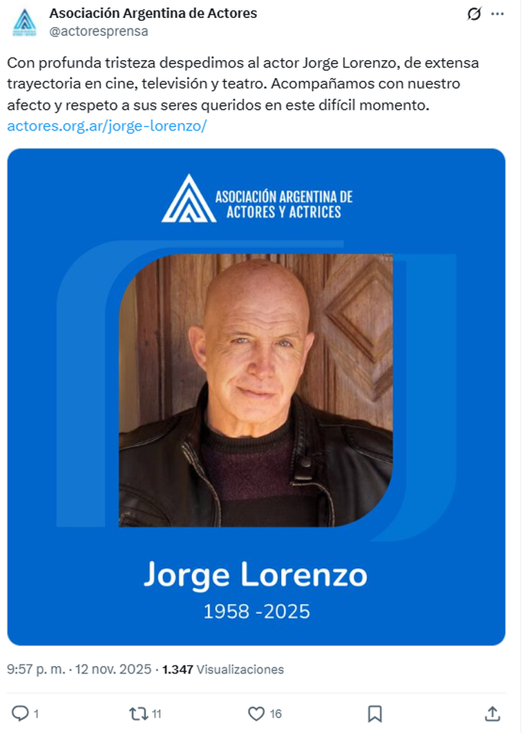 El comunicado de la Asociación Argentina de Actores tras la muerte de Jorge Lorenzo. El comunicado de la Asociación Argentina de Actores tras la muerte de Jorge Lorenzo. 