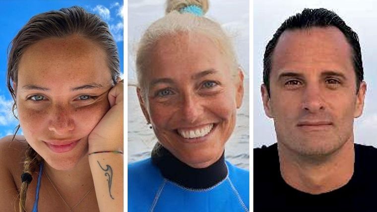 Entre las cinco personas que murieron estaban Giorgia Sommacal (iz.), su madre  Monica Montefalcone (centro) y el instructor de buceo Gianluca Benedetti