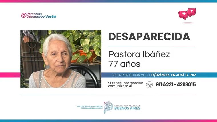La publicación que realizó en febrero el Gobierno bonaerense sobre la desaparición de Pastora Ibáñez. La publicación que realizó en febrero el Gobierno bonaerense sobre la desaparición de Pastora Ibáñez.