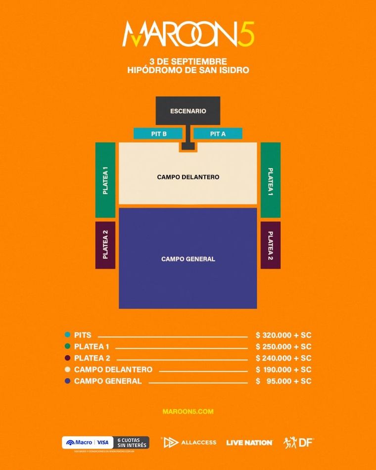 El plano con los valores de cada entrada para el show de Maroon 5 en Argentina. El plano con los valores de cada entrada para el show de Maroon 5 en Argentina.