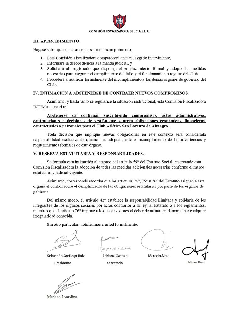 La Comisión Fiscalizadora de San Lorenzo intimó a Marcelo Moretti. La Comisión Fiscalizadora de San Lorenzo intimó a Marcelo Moretti.