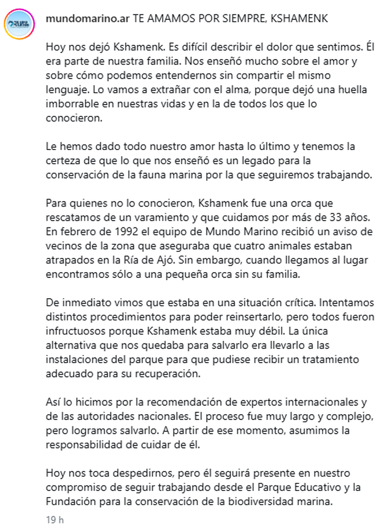 El mensaje de Mundo Marino por el fallecimiento de Kshamenk. El mensaje de Mundo Marino por el fallecimiento de Kshamenk.