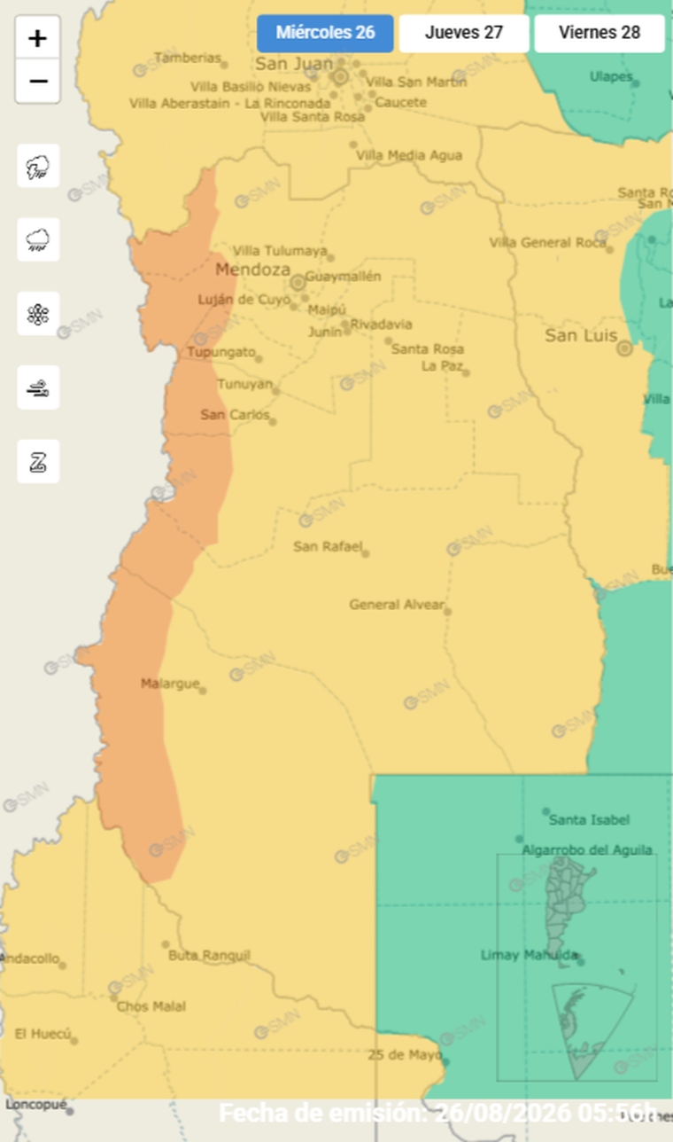 La cordillera de Mendoza está bajo alerta naranja por nevadas que podrían acumular hasta 180 centímetros. La cordillera de Mendoza está bajo alerta naranja por nevadas que podrían acumular hasta 180 centímetros.