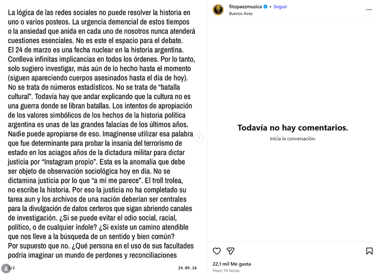 El extenso mensaje de Fito Páez, uno de los primeros famosos en expresarse. El extenso mensaje de Fito Páez, uno de los primeros famosos en expresarse.