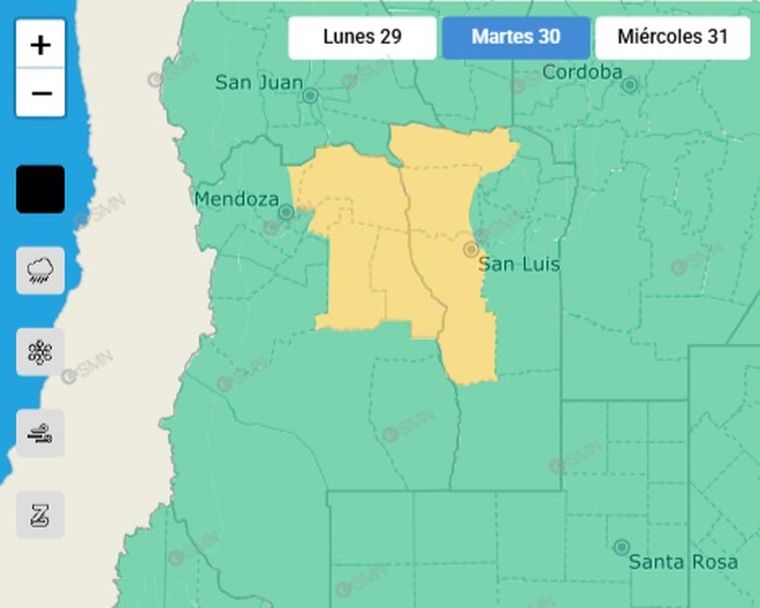El SMN emitió un alerta por tormentas en Mendoza para este martes. El SMN emitió un alerta por tormentas en Mendoza para este martes.
