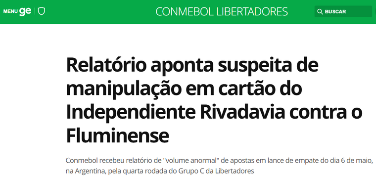 La portada de Globo Esporte sobre el caso que involucra a Independiente Rivadavia. La portada de Globo Esporte sobre el caso que involucra a Independiente Rivadavia.
