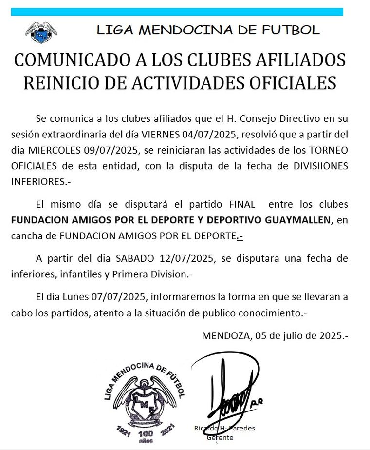 El comunicado de la Liga Mendocina. El comunicado de la Liga Mendocina.