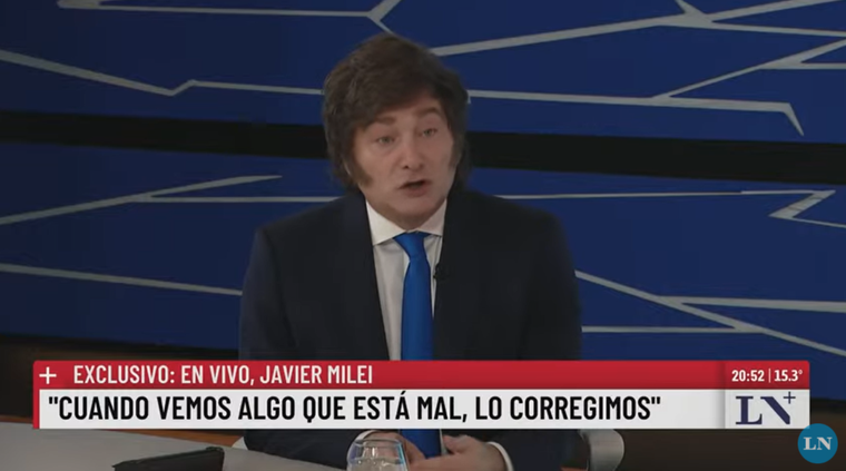 Javier Milei en LN+ hablando luego del renunciamiento de José Luis Espert.&nbsp;