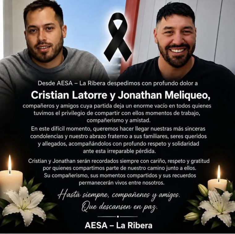 El mensaje de AESA–La Ribera, la empresa en la que trabajaban, para despedir a Jonathan Meliqueo y Cristian Latorre. El mensaje de AESA–La Ribera, la empresa en la que trabajaban, para despedir a Jonathan Meliqueo y Cristian Latorre.