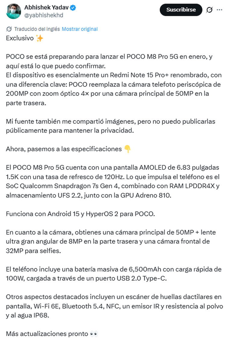 Filtran los detalles del próximo Xiaomi POCO M8 Pro. Filtran los detalles del próximo Xiaomi POCO M8 Pro.