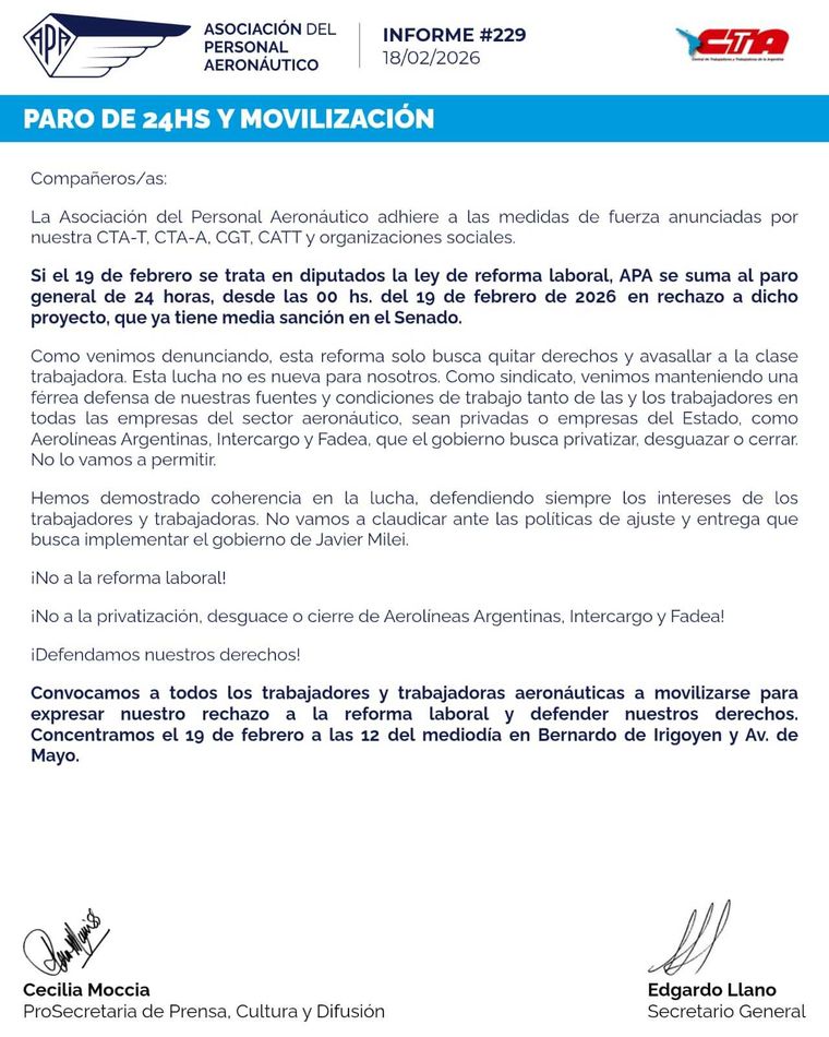 El comunicado de APA por el paro general. El comunicado de APA por el paro general.