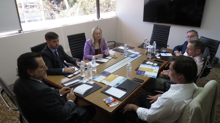 La vicegeobernadora Hebe Casado y el director de Minería, Jerónimo Shantal, junto a los representantes de Ampere Lithium Foto: Prensa Senado