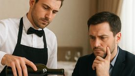 La degustación del vino en un restaurante. 