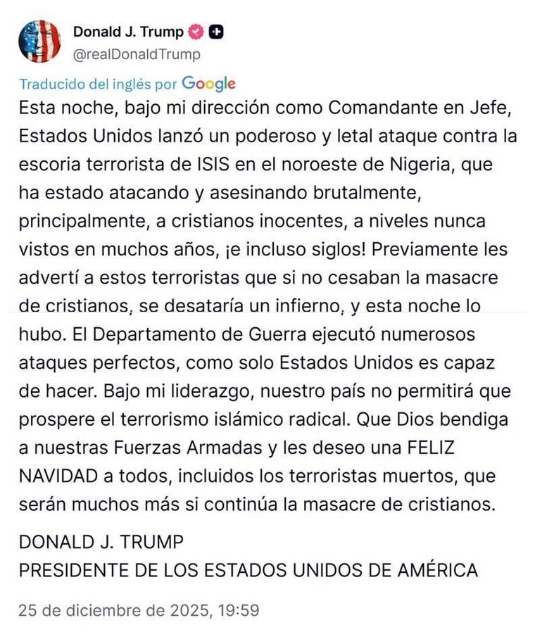 El comunicado de Trump confirmando el ataque al Estado Islámico. El comunicado de Trump confirmando el ataque al Estado Islámico.