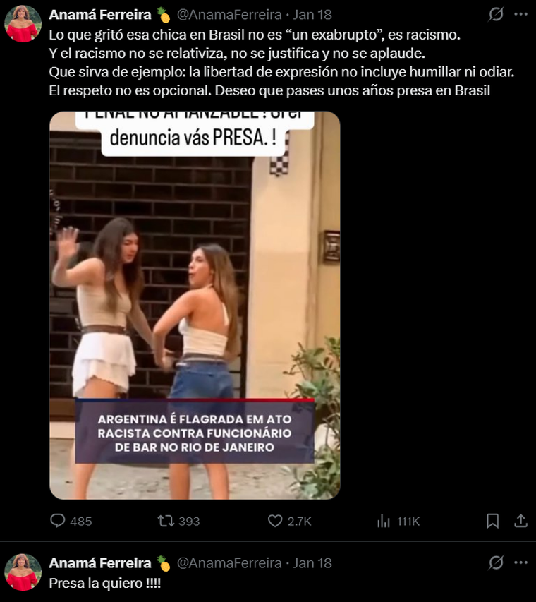 Anam&aacute; Ferreira indignada en redes sociales.
