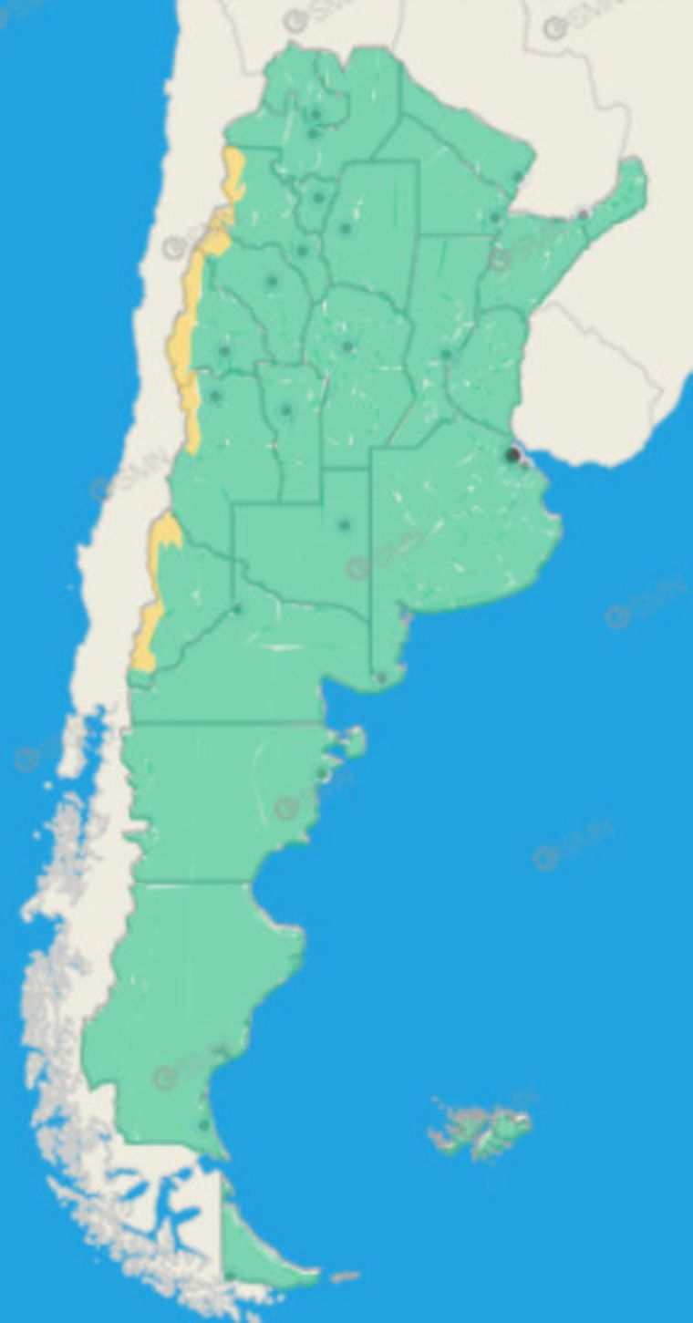las provincias de Mendoza, San Juan, La Rioja, Neuquén, Río Negro y Chubut se encontrarán bajo alerta amarilla por vientos fuertes. Foto: SMN. las provincias de Mendoza, San Juan, La Rioja, Neuquén, Río Negro y Chubut se encontrarán bajo alerta amarilla por vientos fuertes. Foto: SMN.