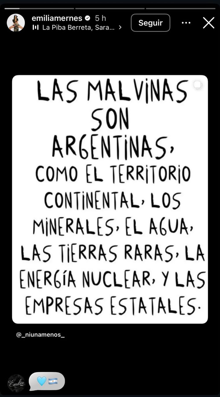 La cantante Emilia Mernes se pronunció en sus redes por la modificación a la Ley de Tierras. La cantante Emilia Mernes se pronunció en sus redes por la modificación a la Ley de Tierras.