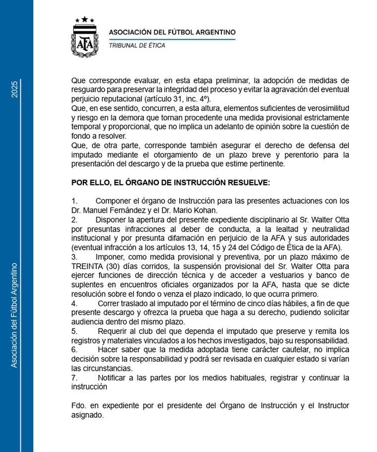 La segunda parte de la sanción a Walter Otta. La segunda parte de la sanción a Walter Otta.
