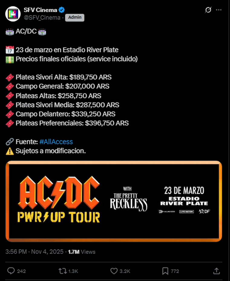 Precios en SFV Cinema. Créditos: X / SFV Cinema Precios en SFV Cinema. Créditos: X / SFV Cinema