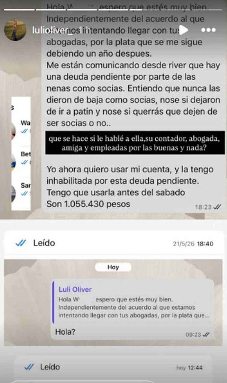 Las capturas de Oliver respecto a la deuda con River. Las capturas de Oliver respecto a la deuda con River.