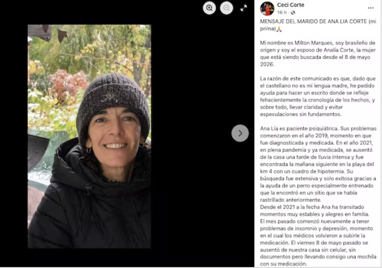El mensaje del marido de Ana Lía Corte. El mensaje del marido de Ana Lía Corte.