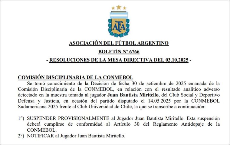 Suspenden por doping a Juan Bautista Miritello, delantero de Defensa y Justicia. Suspenden por doping a Juan Bautista Miritello, delantero de Defensa y Justicia.