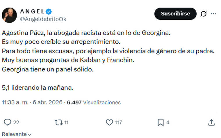 Ángel de Brito destrozó a Agostina Páez. Ángel de Brito destrozó a Agostina Páez.