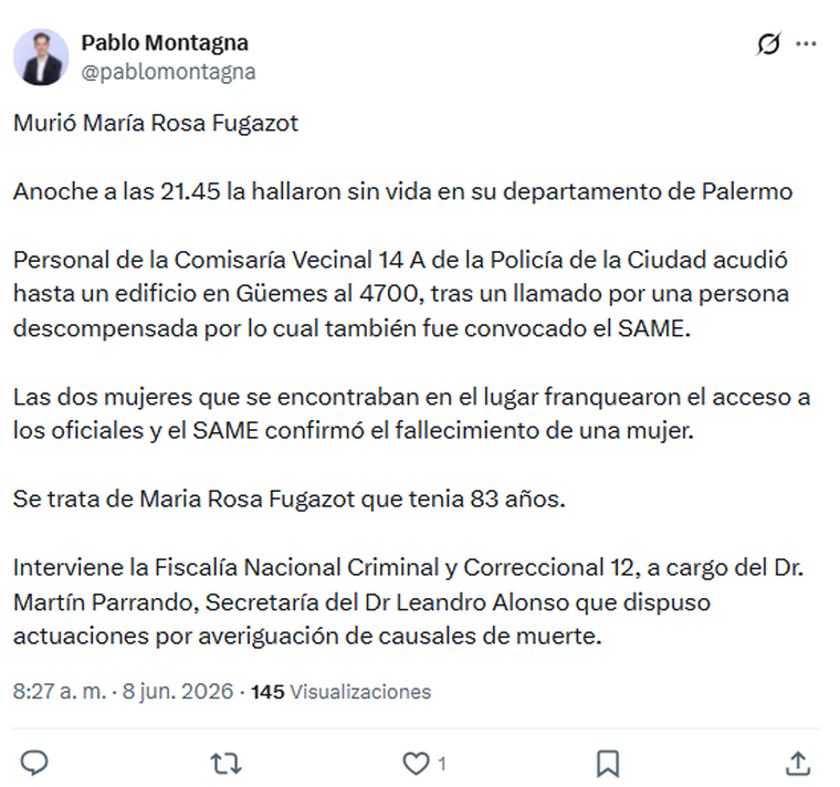 La información sobre el fallecimiento de María Rosa Fugazot. La información sobre el fallecimiento de María Rosa Fugazot. 