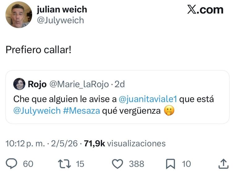 El posteo de Weich en X. El posteo de Weich en X.