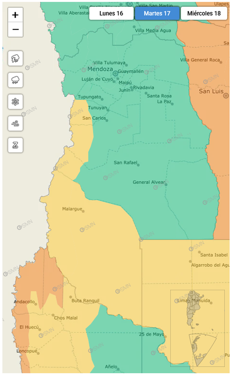 Así se veía Mendoza en el mapa de Alertas Tempranas del SMN. Así se veía Mendoza en el mapa de Alertas Tempranas del SMN. 