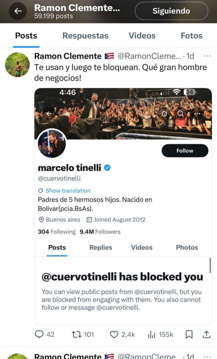 Ramón Clemente asegura que el conductor le debe dinero y que lo bloqueó en X (anteriormente conocido como Twitter). Ramón Clemente asegura que el conductor le debe dinero y que lo bloqueó en X (anteriormente conocido como Twitter).