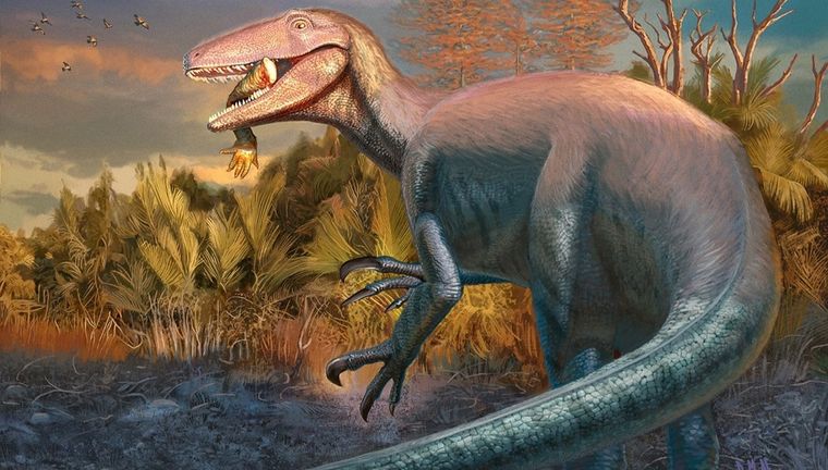 Reconstrucción del nuevo dinosaurio carnívoro Joaquinraptor casali. Ilustración por Andrew McAfee, Carnegie Museum of Natural History.