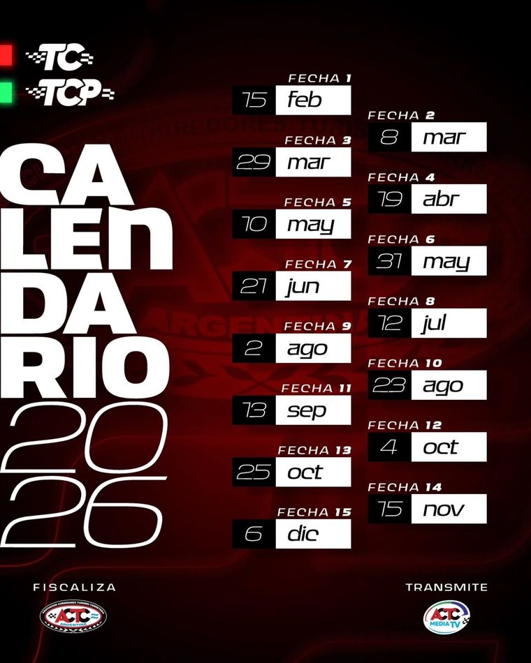 El calendario del Turismo Carretera para la temporada 2026. El calendario del Turismo Carretera para la temporada 2026.