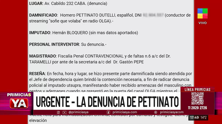 La denuncia que realizó Homero Pettinato. La denuncia que realizó Homero Pettinato.