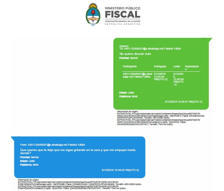 Uno de los chats intercambiados por la entonces pareja presidencial. Fuente: MPF Uno de los chats intercambiados por la entonces pareja presidencial. Fuente: MPF