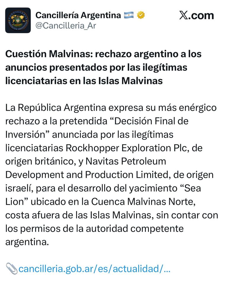 La Cancillería publicó un duro comunicado contra el avance petrolero en las Islas Malvinas.
