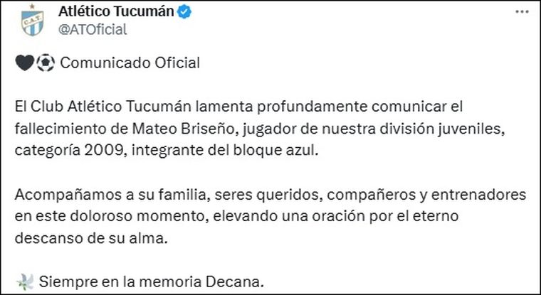 Atlético Tucumán confirmó la triste noticia en sus redes. Atlético Tucumán confirmó la triste noticia en sus redes.