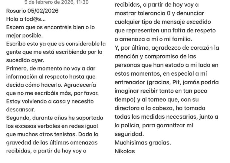 El mensaje del tenista español Nikolás Sánchez Izquierdo tras las amenazas recibidas en Rosario. El mensaje del tenista español Nikolás Sánchez Izquierdo tras las amenazas recibidas en Rosario.