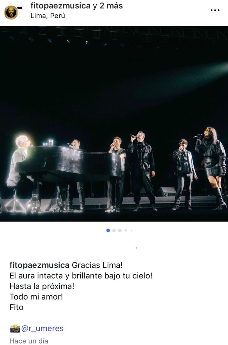 La publicación que realizó Páez tras su show en Lima. La publicación que realizó Páez tras su show en Lima.