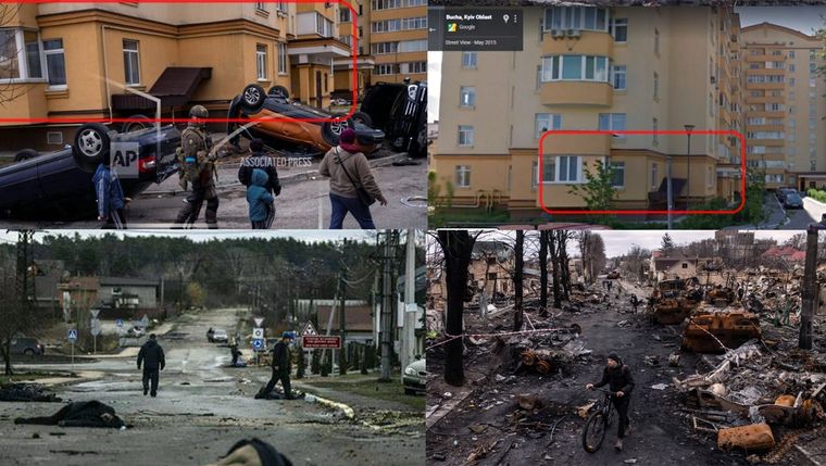 Las dos realidades en Bucha: la de edificios sin daños (parte superior) vs la ciudad destruida y con cadáveres en la calle (parte interior) Foto: @mgsimonovich, con fotos de AP, Google Maps y ellinikahoaxes.gr