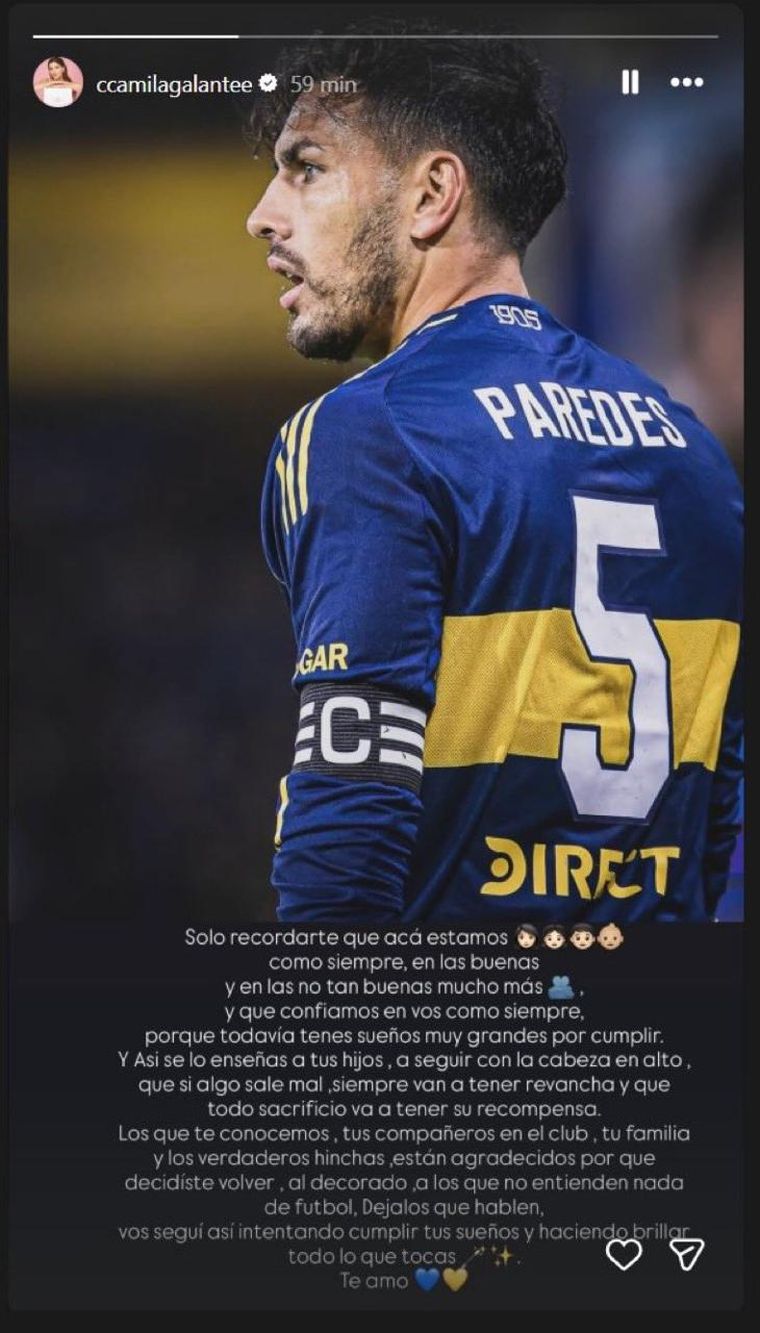 La publicación de Camila Galante, esposa de Paredes, tras la eliminación de Boca en octavos del Apertura. La publicación de Camila Galante, esposa de Paredes, tras la eliminación de Boca en octavos del Apertura.