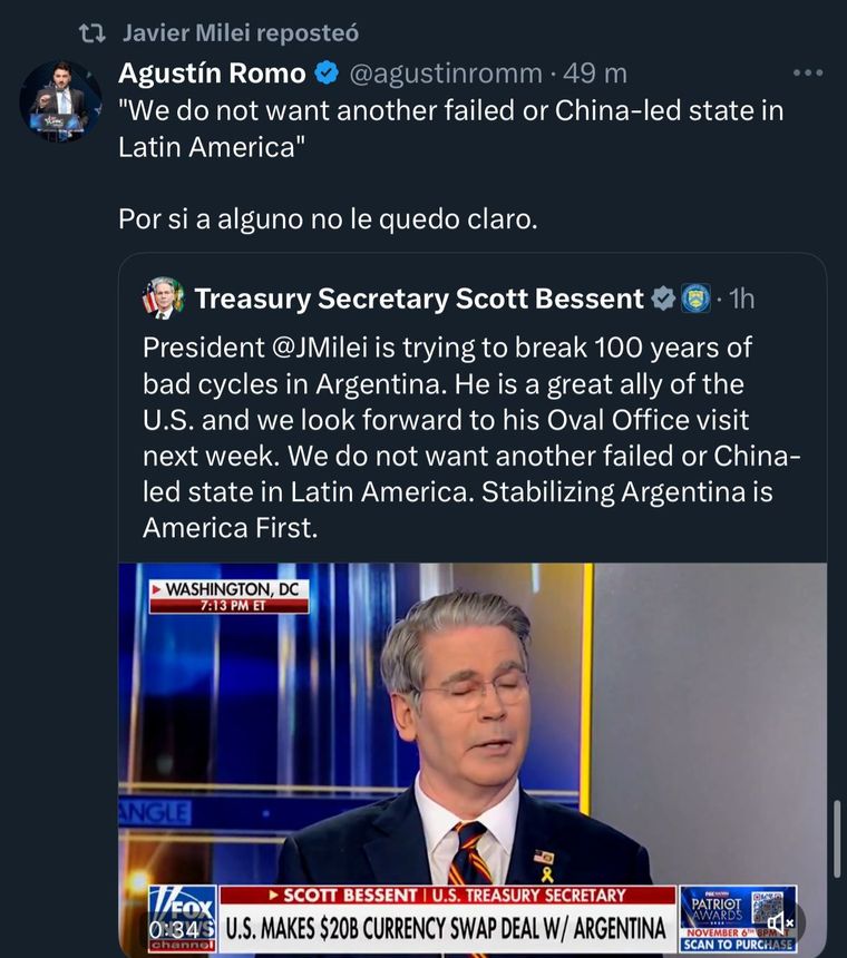 El posteo de Agustín Romo que compartió Javier Milei sobre la relación entre la Argentina y China. El posteo de Agustín Romo que compartió Javier Milei sobre la relación entre la Argentina y China.